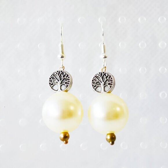 Handmade Pearl Tree of Life Dangle Earrings - Picture 1 of 5
